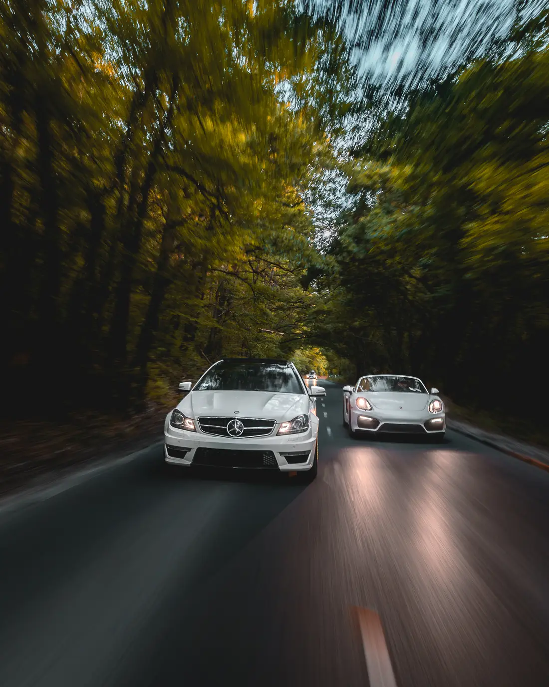 Mercedes-AMG C 63 and Porsche Boxster GTS side by side under a canopy of trees